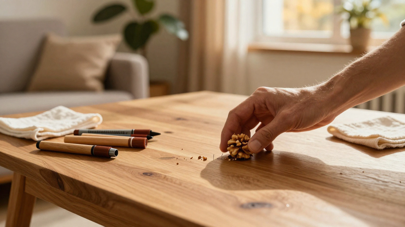 Hand picking up a cracked walnut on a wooden table with pencils and cloths in a bright living room.