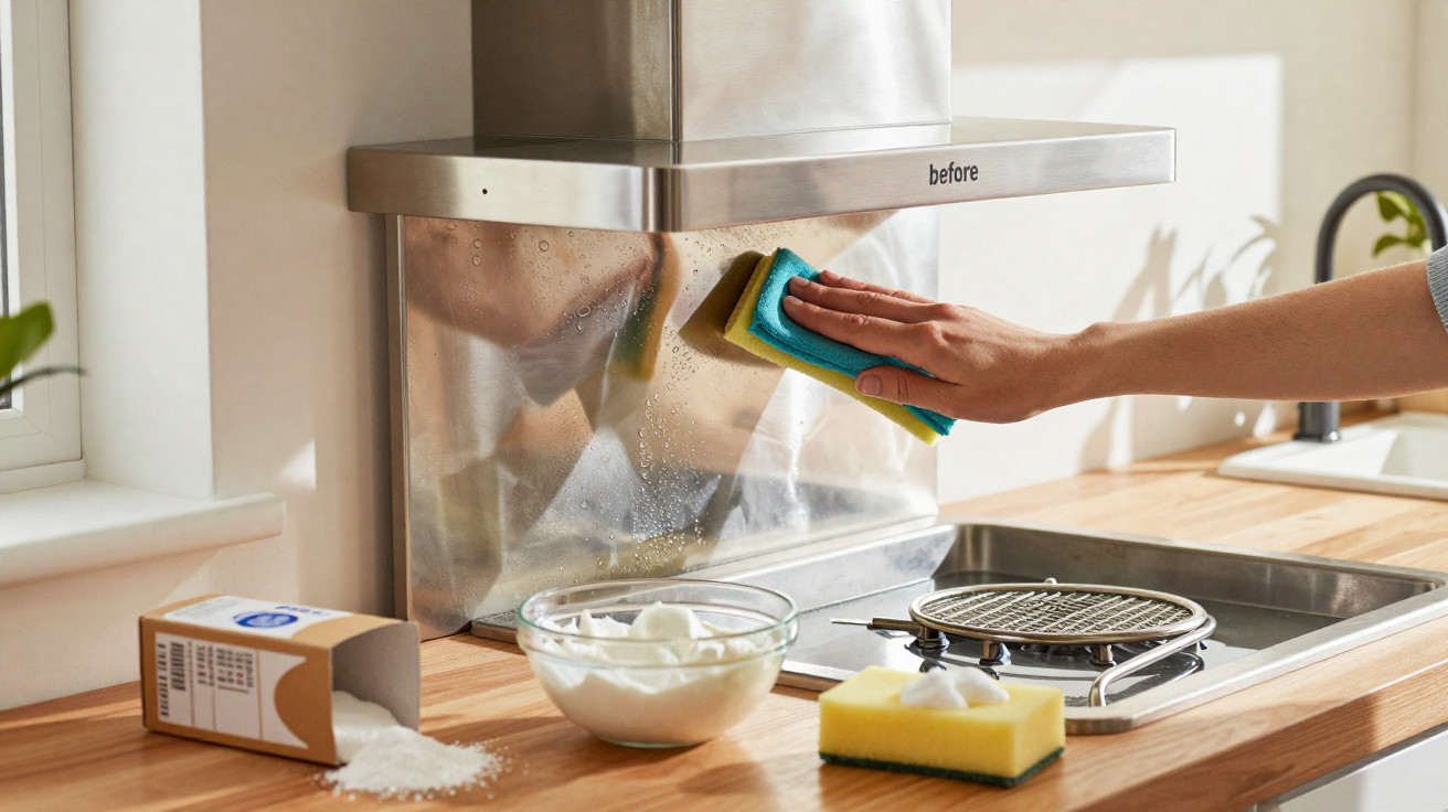Hand wiping grease and grime off a stainless steel kitchen extractor hood with a blue and yellow sponge.