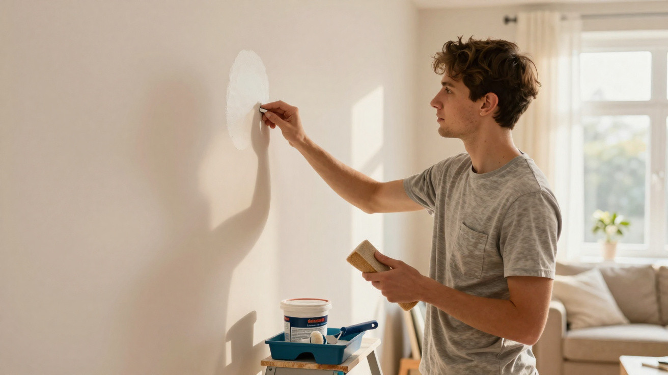 Young man repairing wall with filler in a bright living room during daytime.