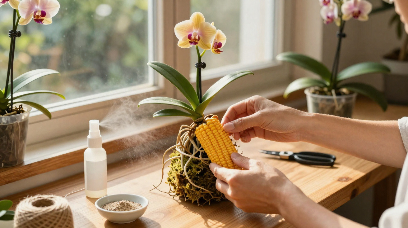 Person holding a corn cob near an orchid plant on a wooden windowsill with gardening tools and supplies.
