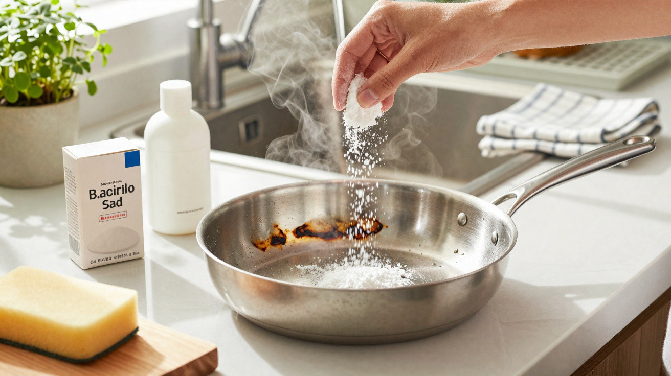 Hand sprinkling baking soda into a steaming stainless steel pan with burnt residue in a bright kitchen.