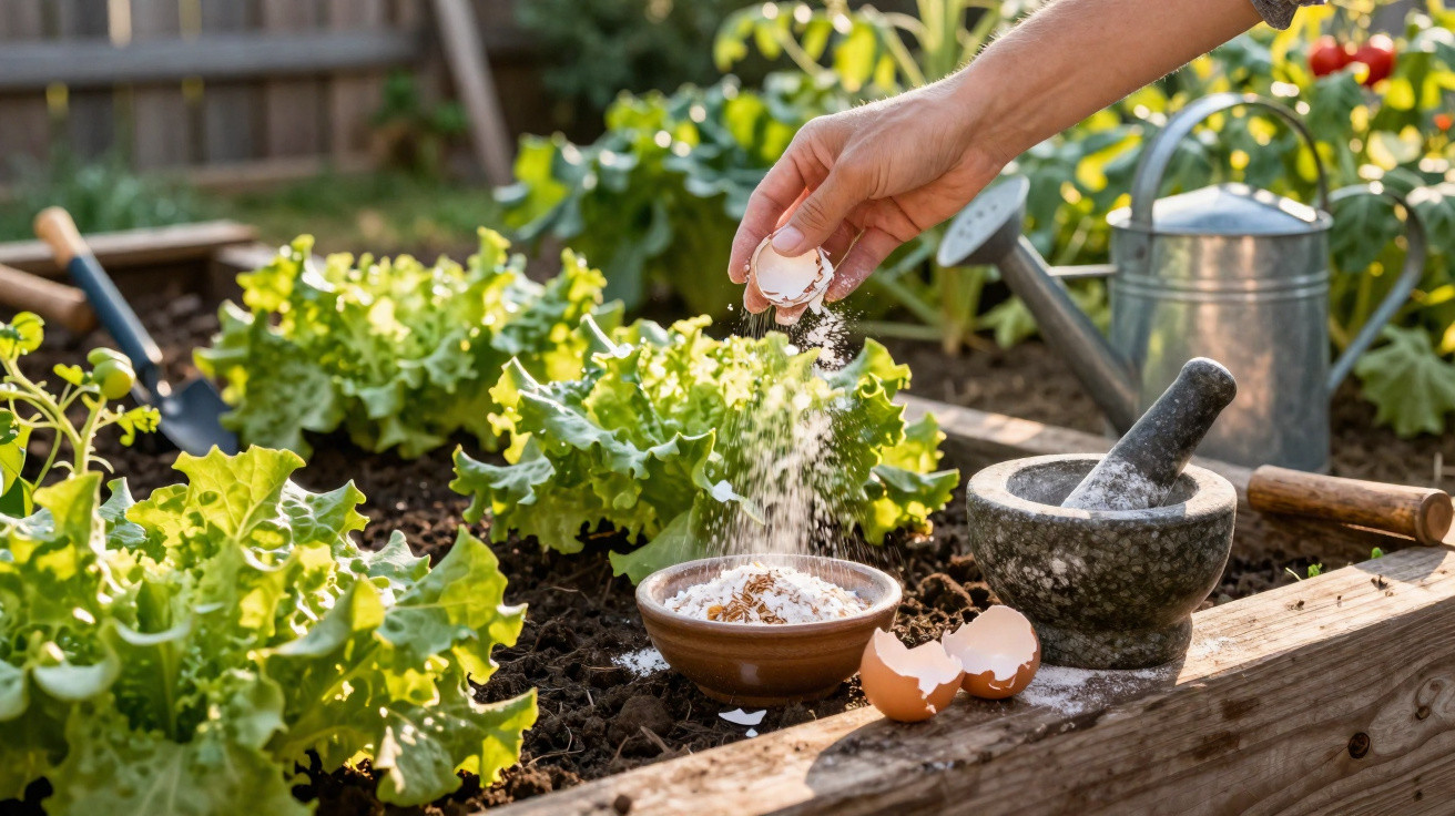 Hand sprinkling crushed eggshells into a bowl in a garden bed with lettuce and gardening tools.