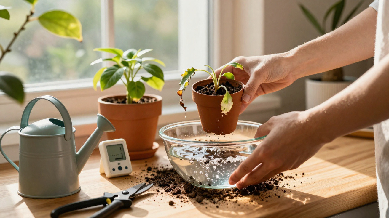 Person holding a potted plant over a glass bowl of water on a wooden table with gardening tools.