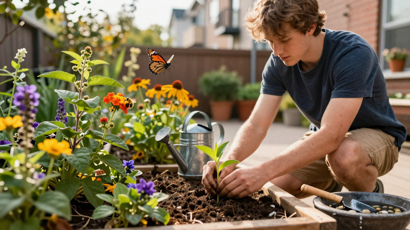 Young man planting a seedling in a raised garden bed with colourful flowers, a watering can, and a butterfly nearby.