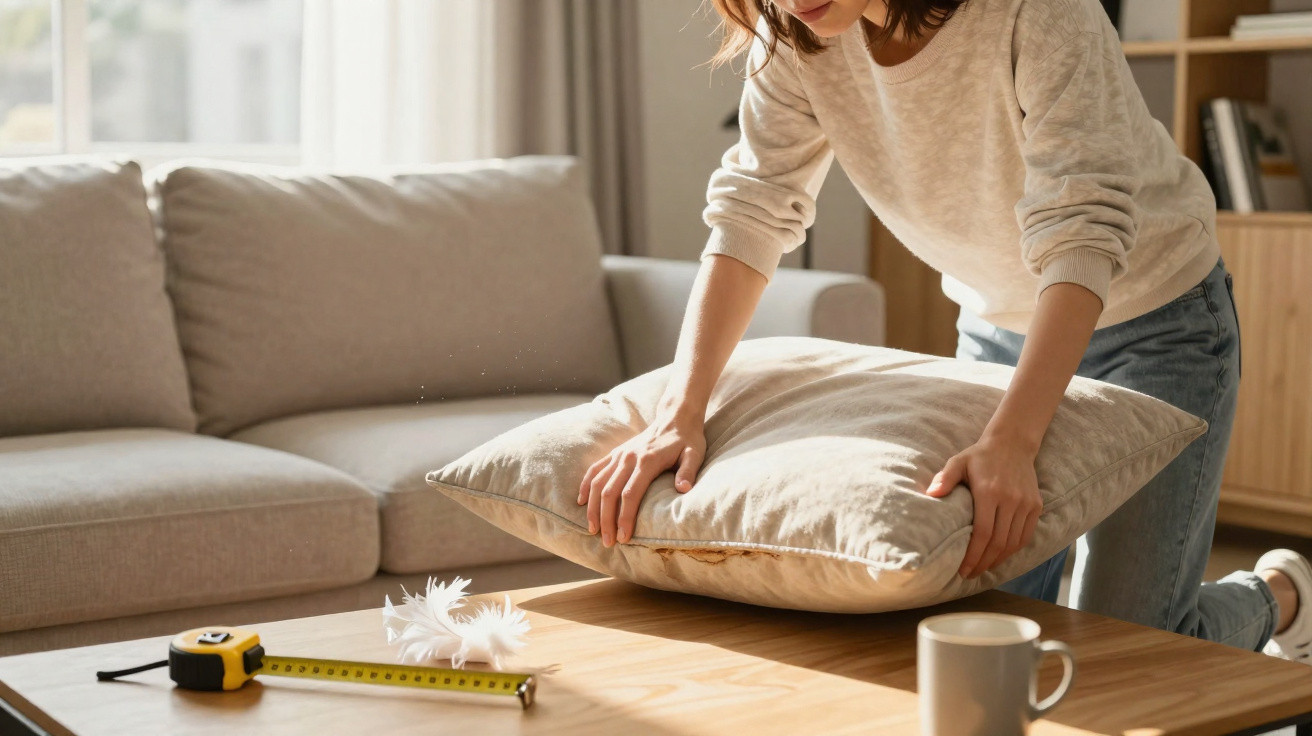 Person removing pillow from couch, table with measuring tape, feathers and a coffee mug in a bright living room.