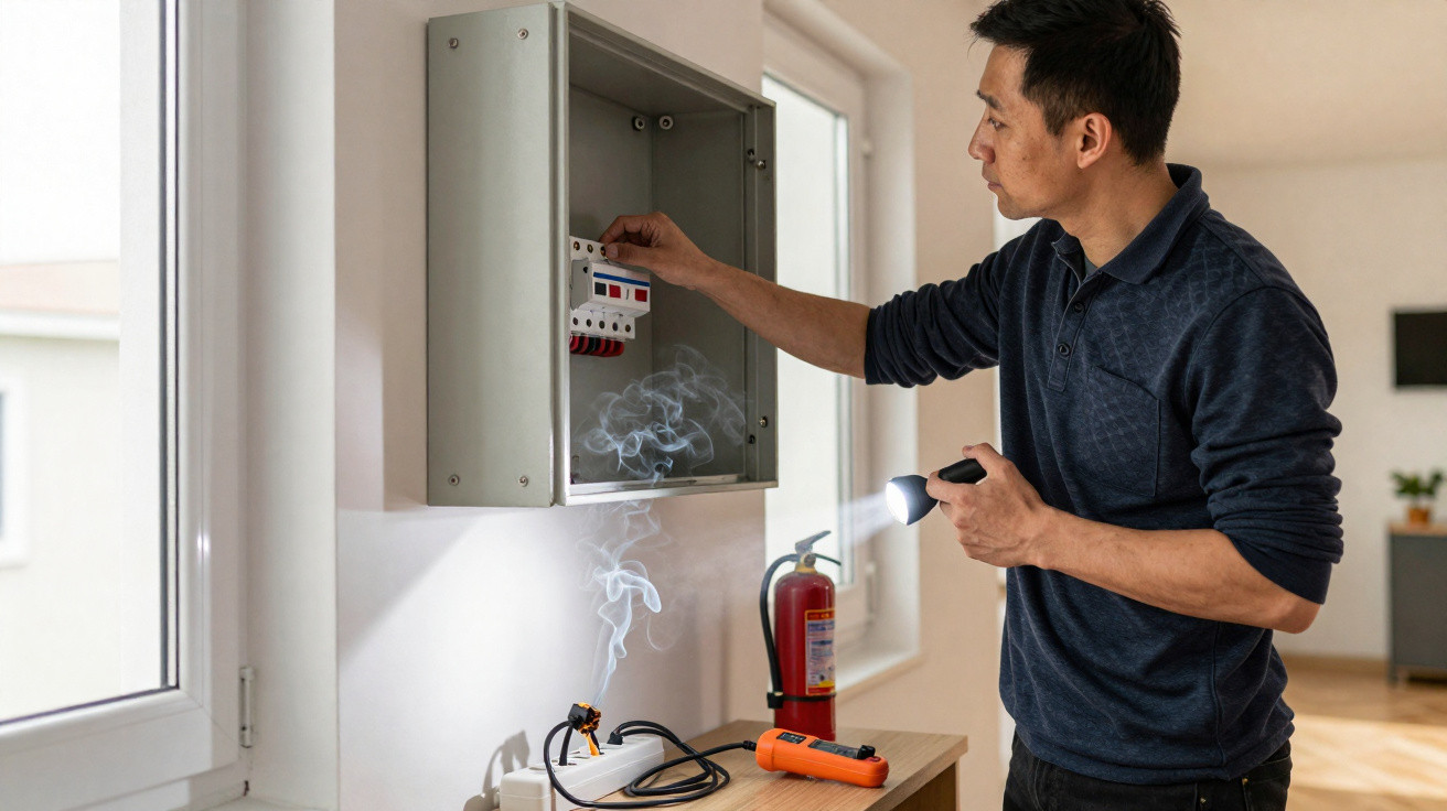Man inspecting smoking electrical panel with flashlight and fire extinguisher nearby in a room.