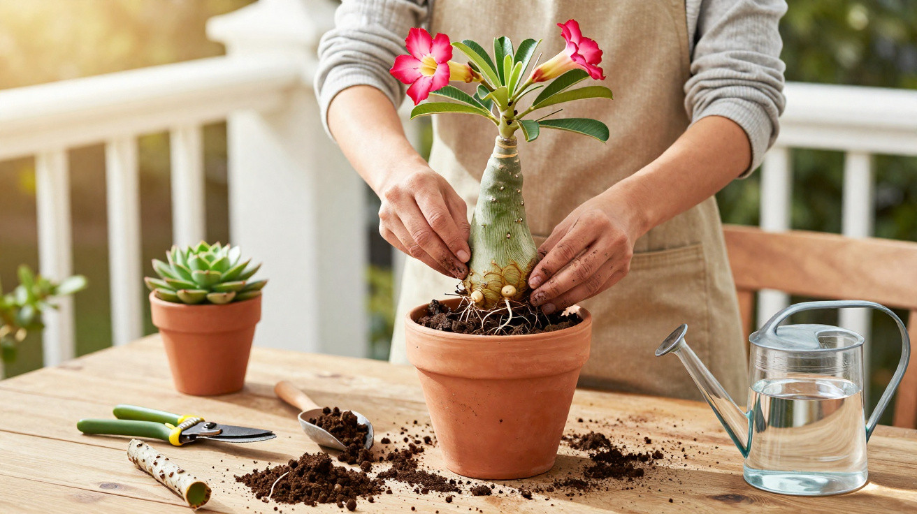 Person repotting a flowering succulent plant on a wooden table with gardening tools and watering can.