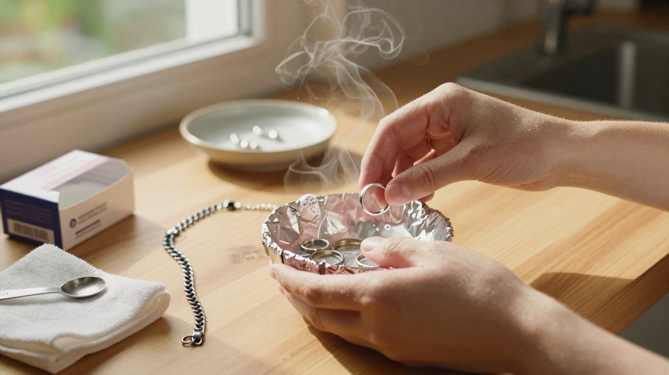 Hands holding a silver ring over a steaming bowl lined with foil, cleaning jewellery on a wooden table.