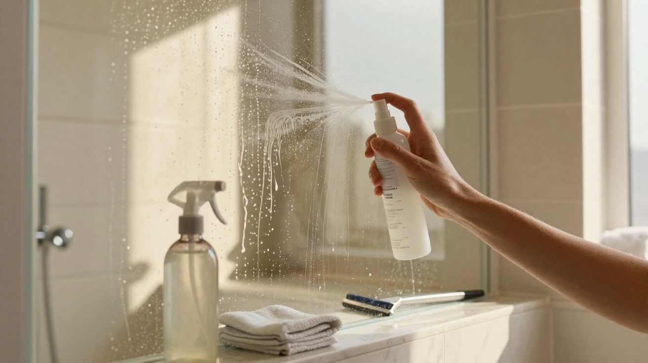 Hand spraying cleaning solution on a glass shower screen with a squeegee and cloths nearby in a bathroom.