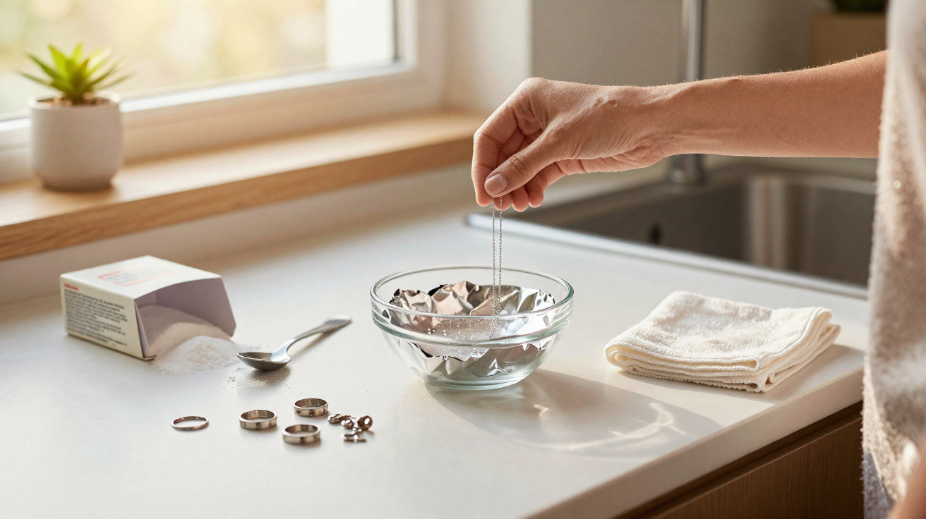 Hand placing chain into a glass bowl with foil, baking soda, and rings on kitchen counter beside folded cloth.
