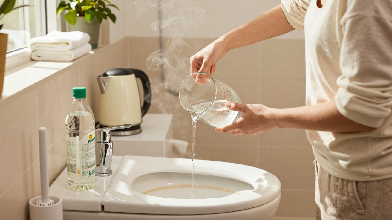 Person pouring hot water from a measuring jug into a toilet bowl in a bright bathroom.