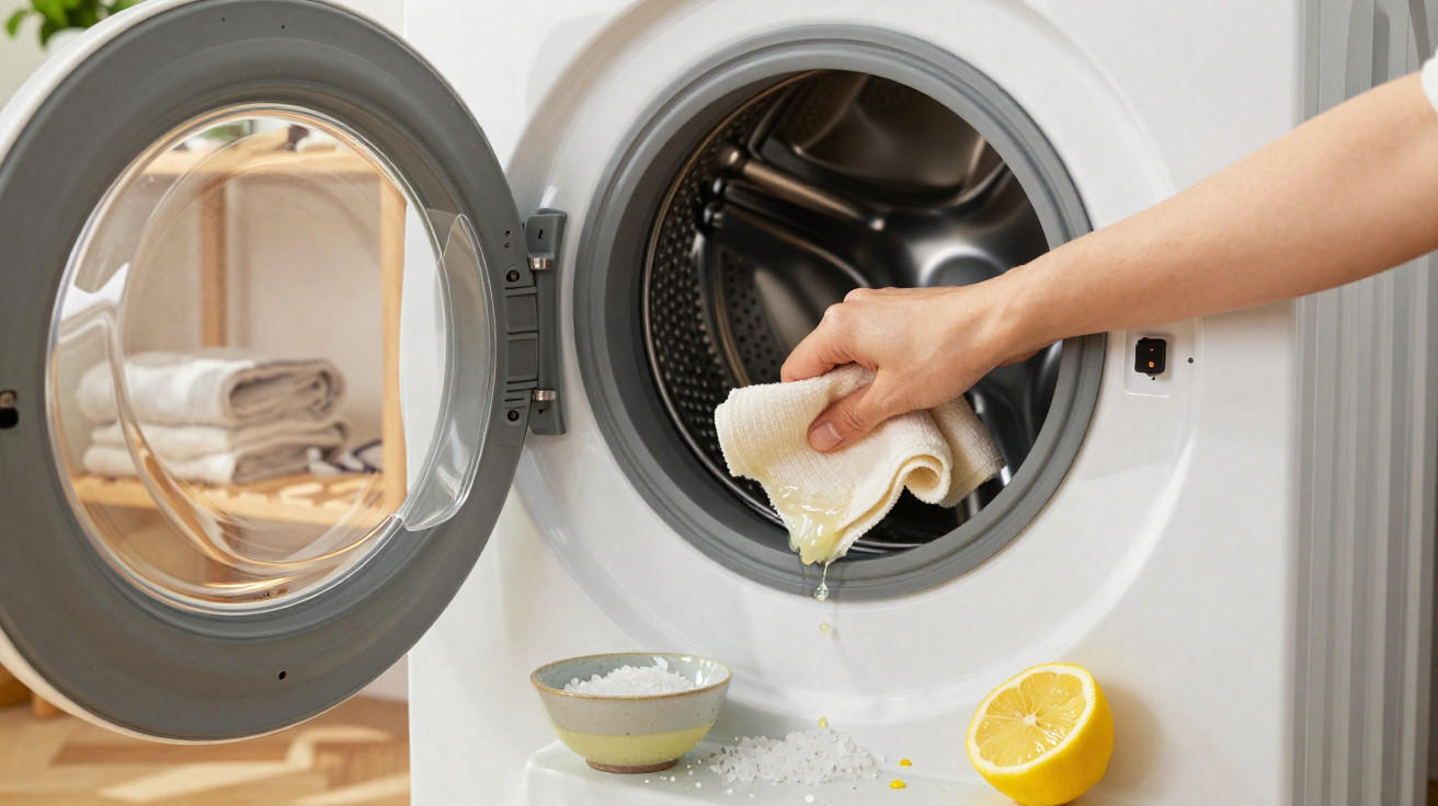 Hand squeezing a lemon over a cloth in front of an open washing machine with salt and lemon half nearby.