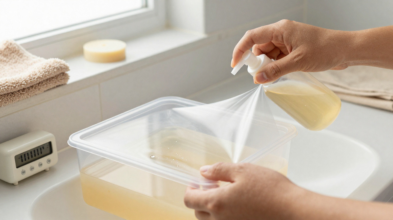 Hands pouring liquid soap from a pump bottle into a plastic container near a bathroom sink and timer.