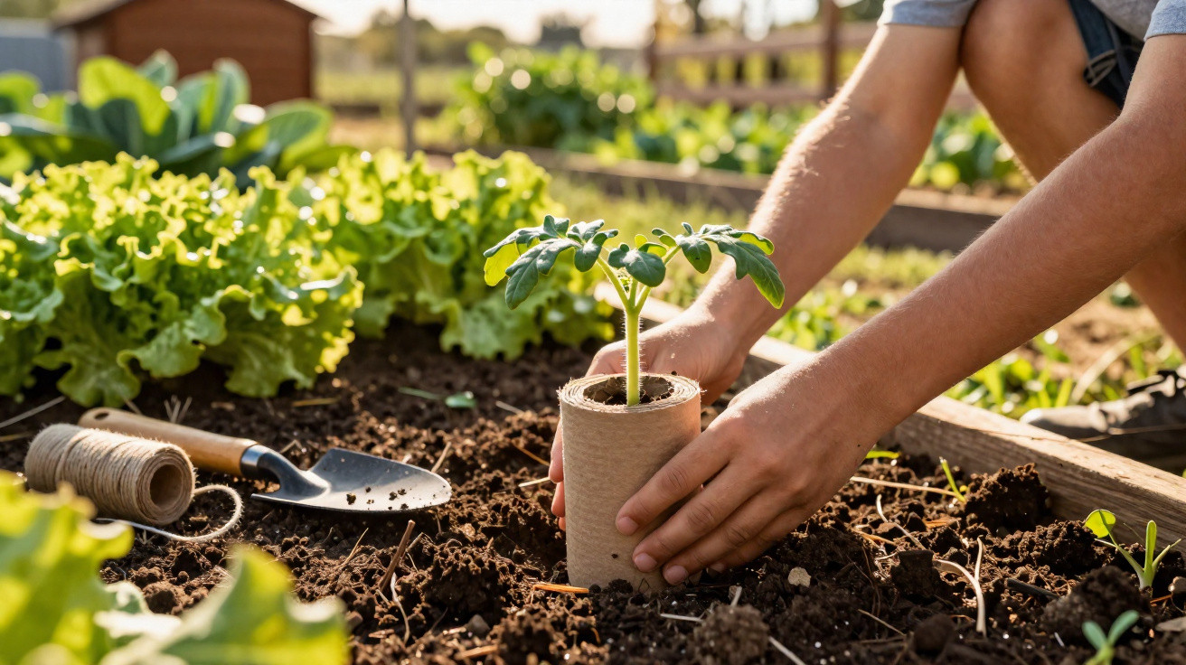 Person planting a seedling in soil with a garden trowel and string nearby in a raised vegetable bed.