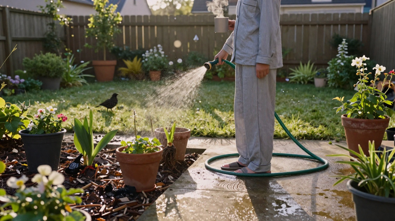 Person in pyjamas watering plants with garden hose while holding a steaming mug in a sunny backyard garden.