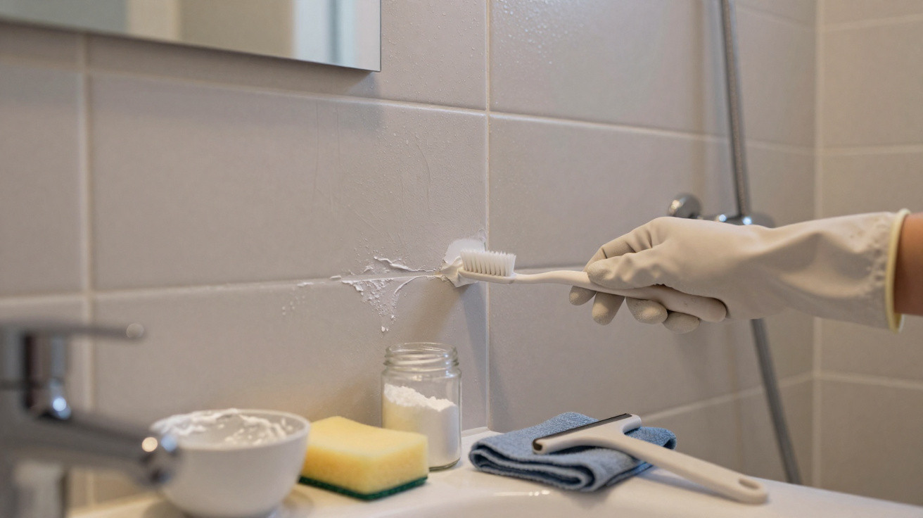 Hand in rubber glove scrubbing wall tile grout with brush in a bathroom cleaning scene.