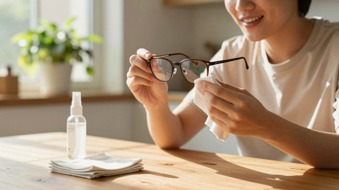 Person cleaning eyeglasses with cloth at wooden table in a sunlit room