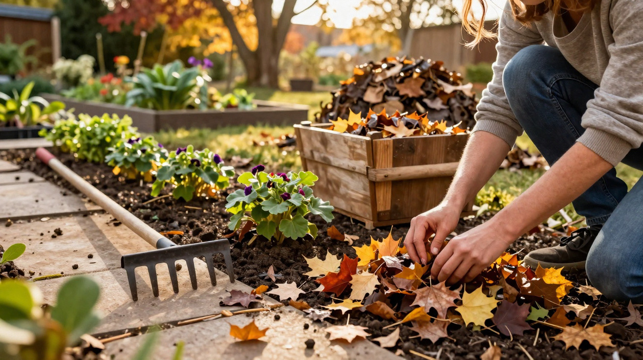 Person collecting autumn leaves in a garden bed with flowers, a crate, and a garden rake nearby.