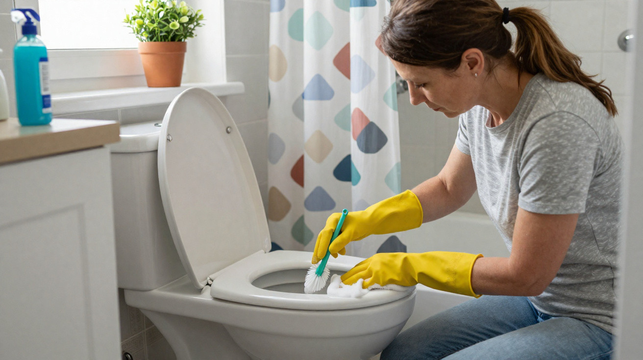 Woman wearing yellow gloves cleaning a toilet bowl with a brush in a bright bathroom.