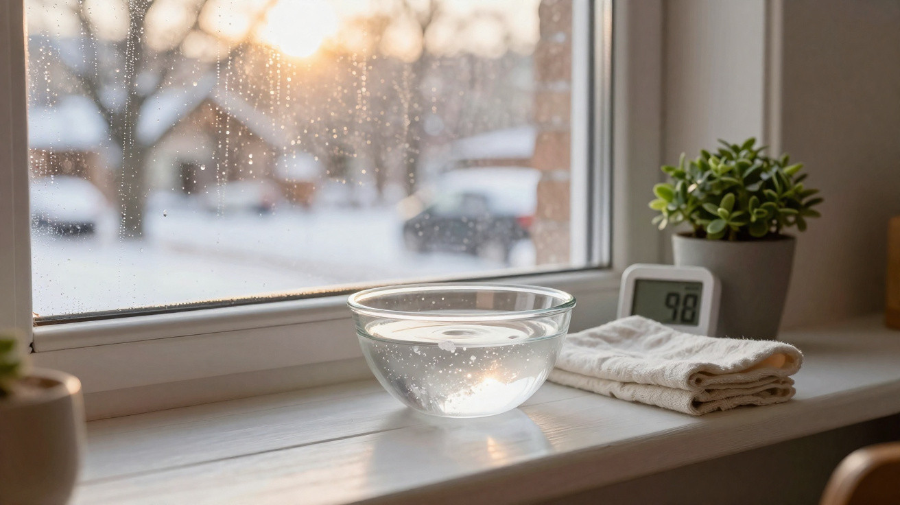 Glass bowl of water on a windowsill with rain droplets, a folded towel, digital thermometer, and potted plant.