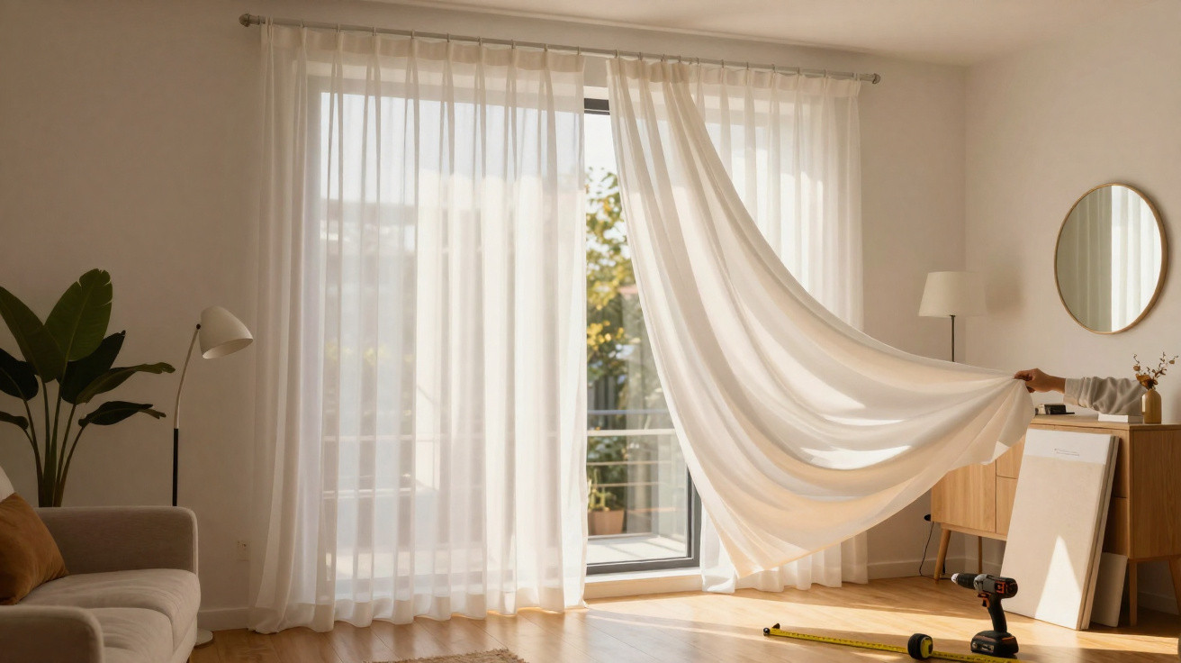 Light-filled living room with sheer white curtains blowing, hardwood floor, sofa, plant, and furniture.