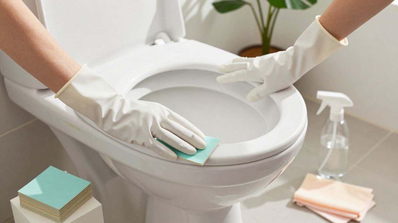Person wearing white gloves cleaning a white toilet seat with a sponge in a bathroom.