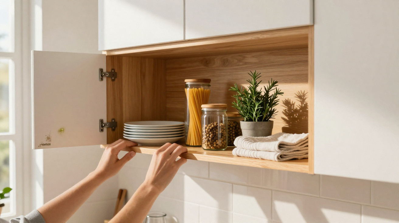 Hands arranging white plates on an open wooden kitchen cabinet shelf with jars, a plant, and folded towels.