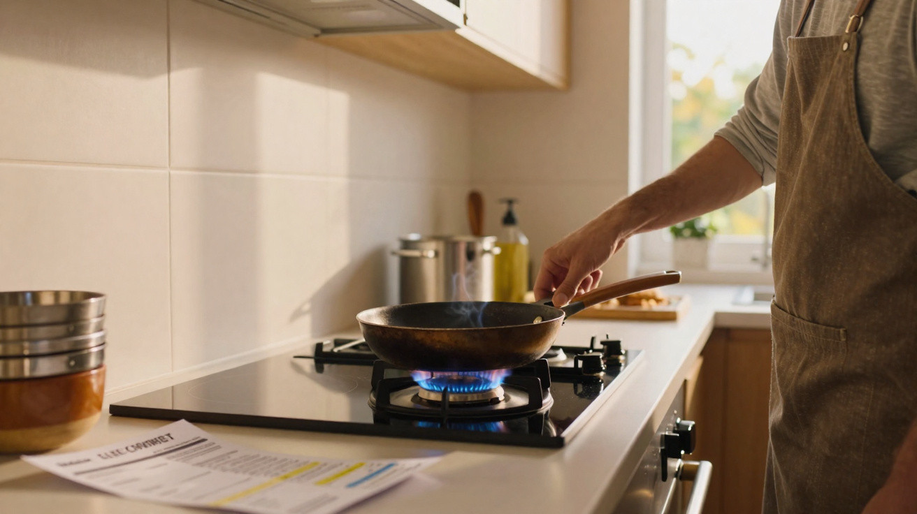 Person cooking with frying pan on lit gas stove in modern kitchen with recipe on counter