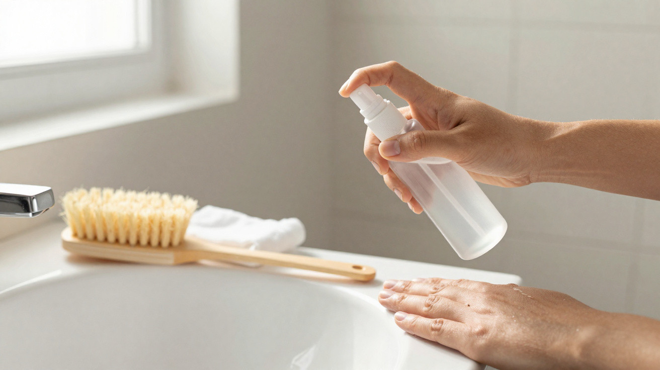 Hand spraying liquid from a transparent bottle onto the back of the other hand over a bathroom sink.