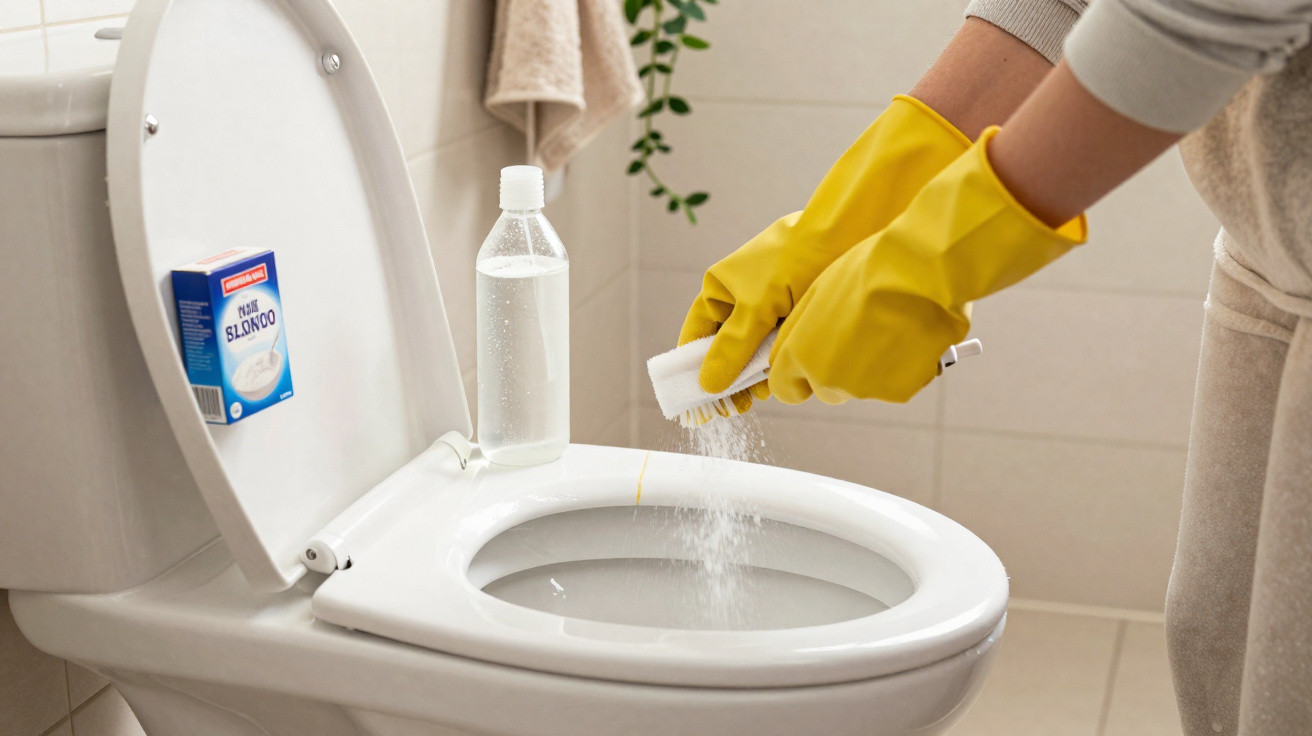Person wearing yellow gloves cleaning a white toilet seat with a brush and powder cleaner in a bathroom.