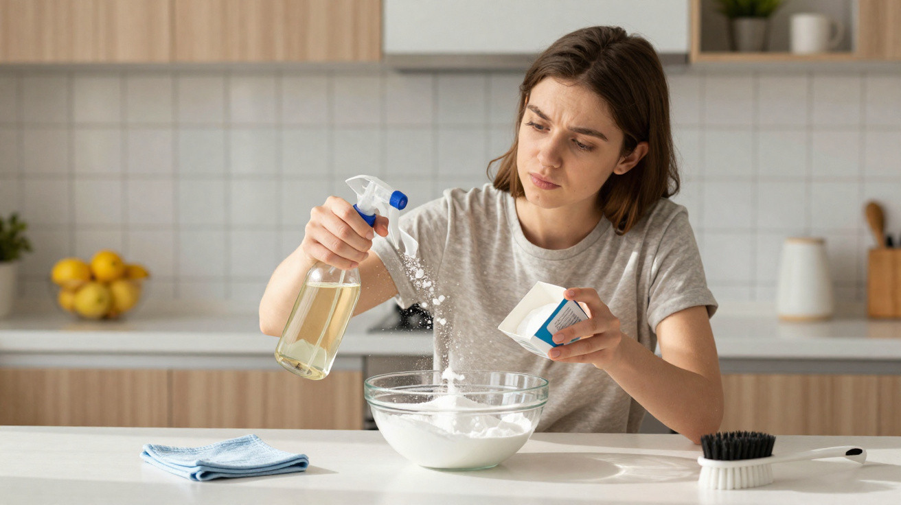 Young woman mixing powder and spraying liquid into a glass bowl in a modern kitchen.