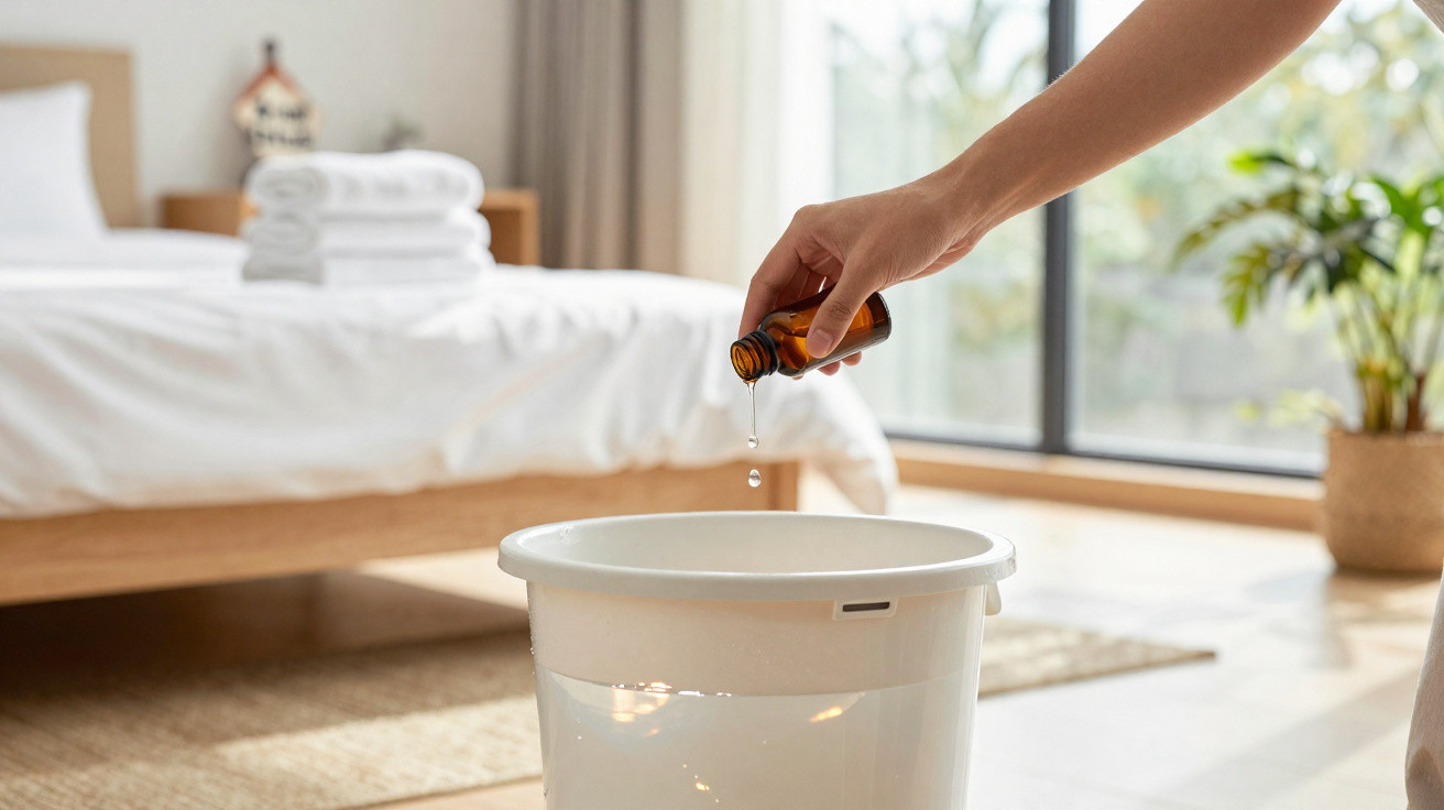 Hand pouring essential oil drops into a white bucket filled with water in a bright bedroom.