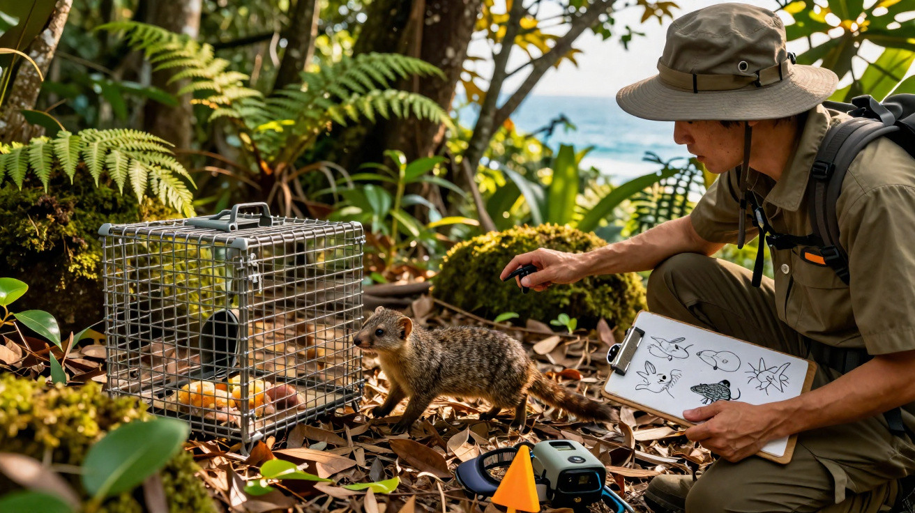 Researcher observing a wild mongoose near a cage trap in a forest while holding animal sketches on a clipboard.