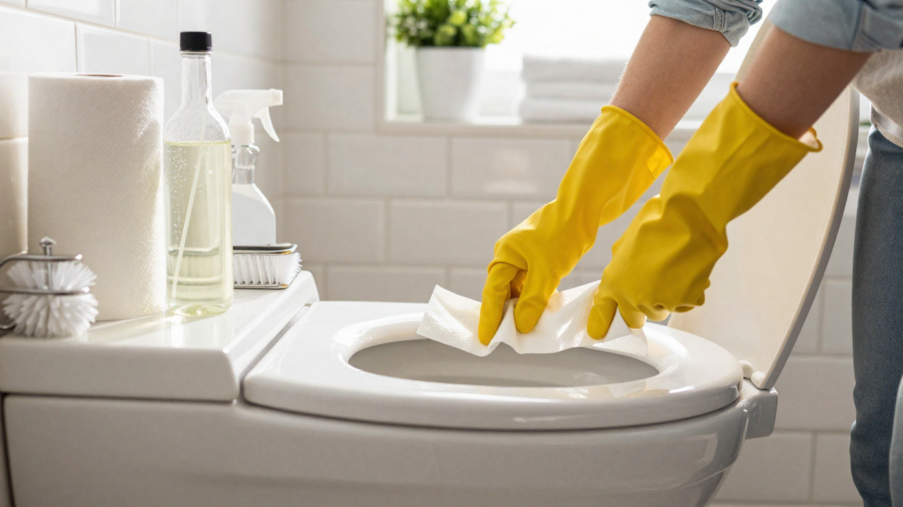 Person wearing yellow gloves cleaning a white toilet seat with a wipe in a bright bathroom.
