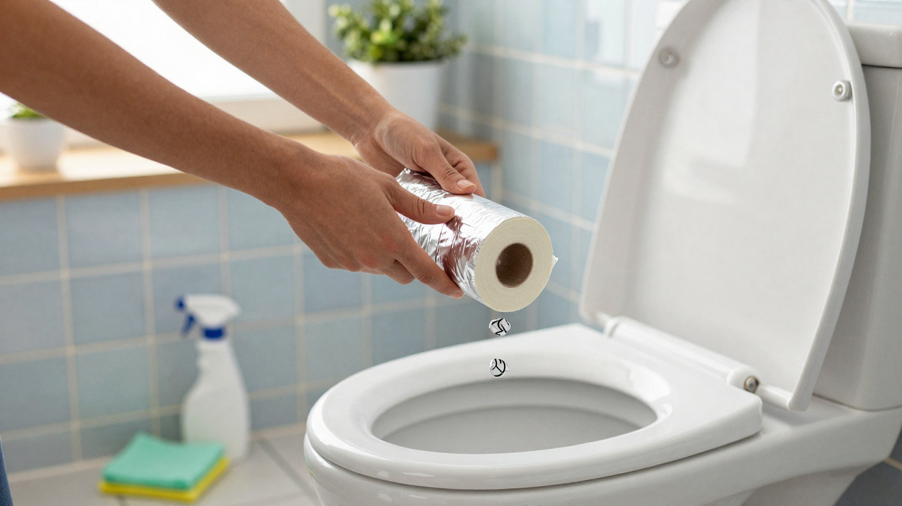 Person pouring toilet paper roll into a clean white toilet bowl in a tiled bathroom.