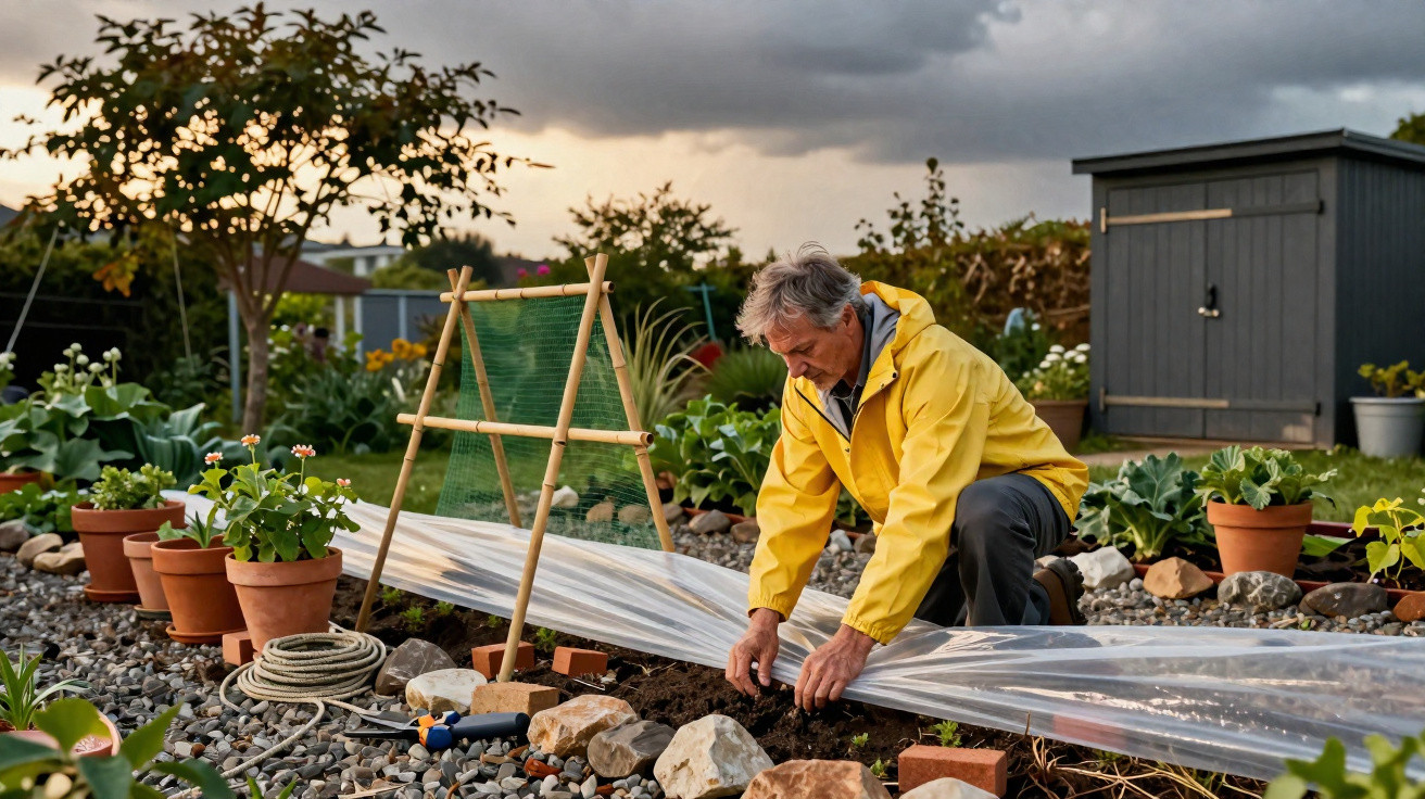 Man in yellow jacket planting or tending garden bed covered with plastic sheeting outdoors near shed at dusk
