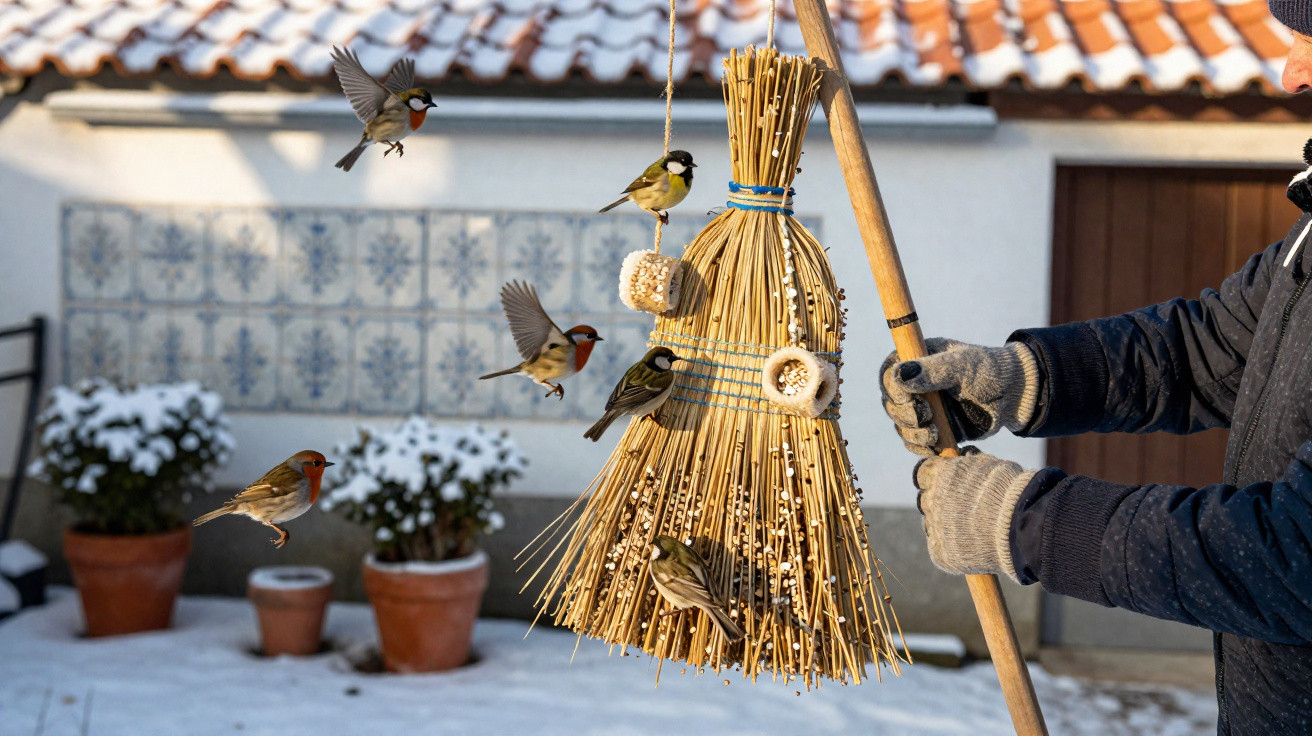 Small birds feeding from a hanging straw feeder held by a person in gloves in a snowy garden.