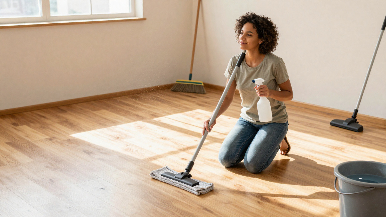 Woman kneeling and mopping a wooden floor in a bright, empty room with cleaning tools nearby.