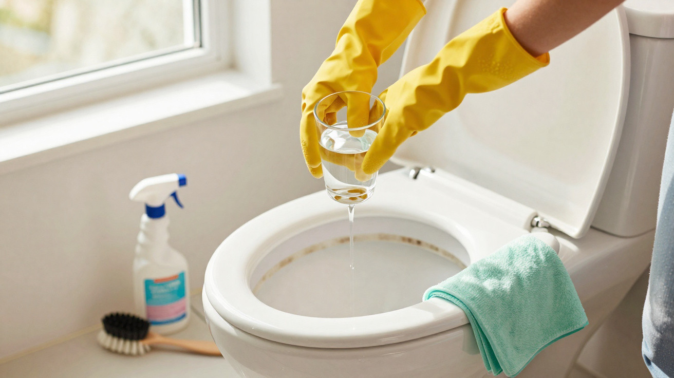 Person wearing yellow gloves pouring a glass of water into a toilet bowl for cleaning.
