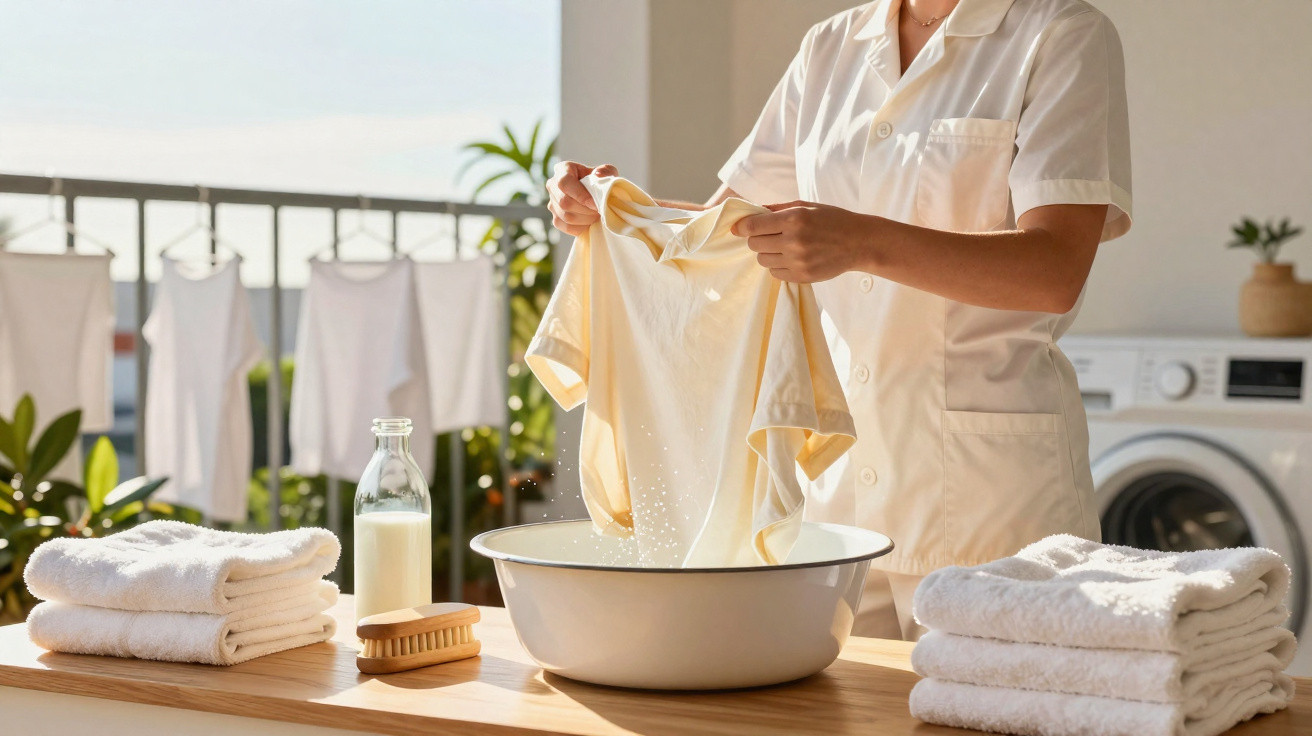 Person hand washing a light yellow T-shirt in a basin on a wooden table with towels and clothes hanging outside.
