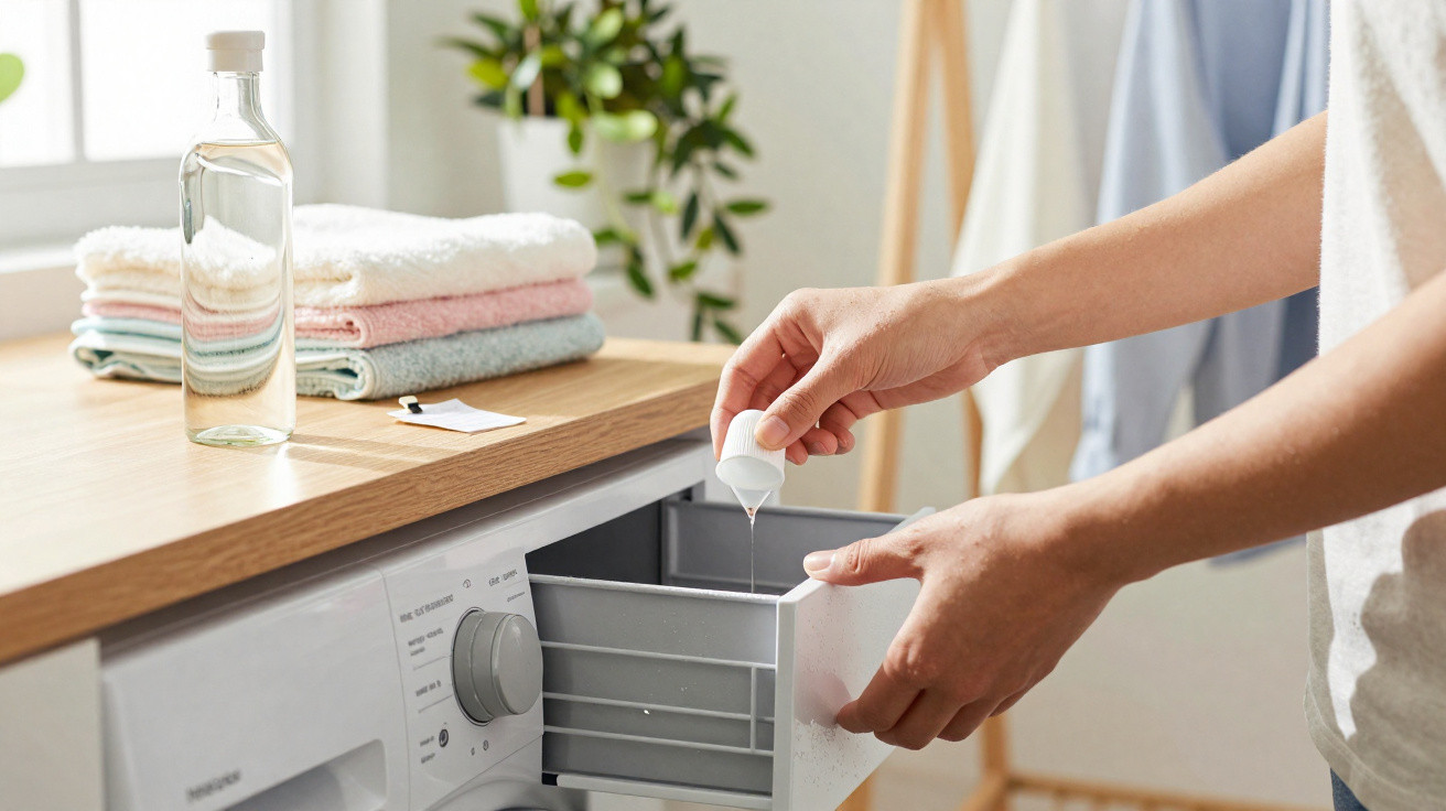 Person pouring liquid detergent into a washing machine drawer in a bright laundry room.