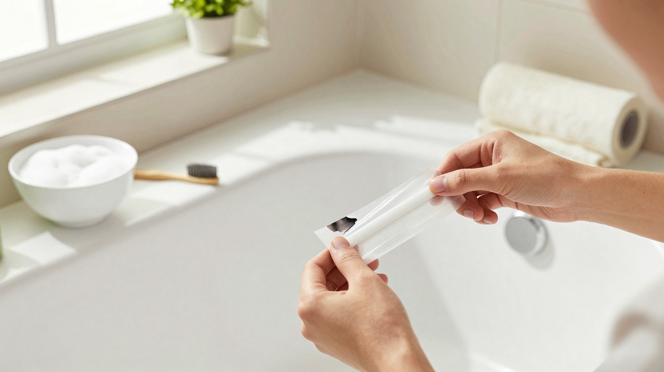 Person holding a wax strip over a white bathtub with shaving foam and a toothbrush nearby.