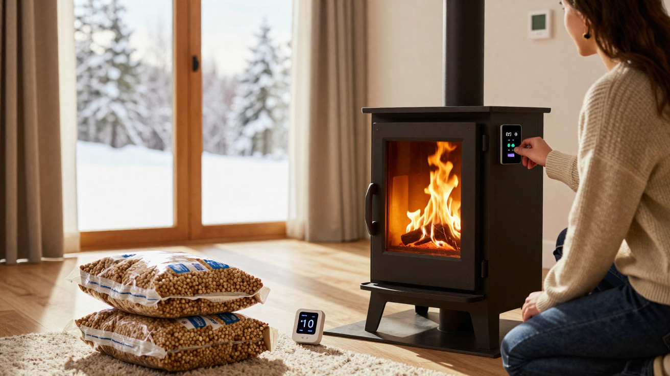 Person adjusting settings on a modern wood stove with fire inside in a cosy snowy cabin.