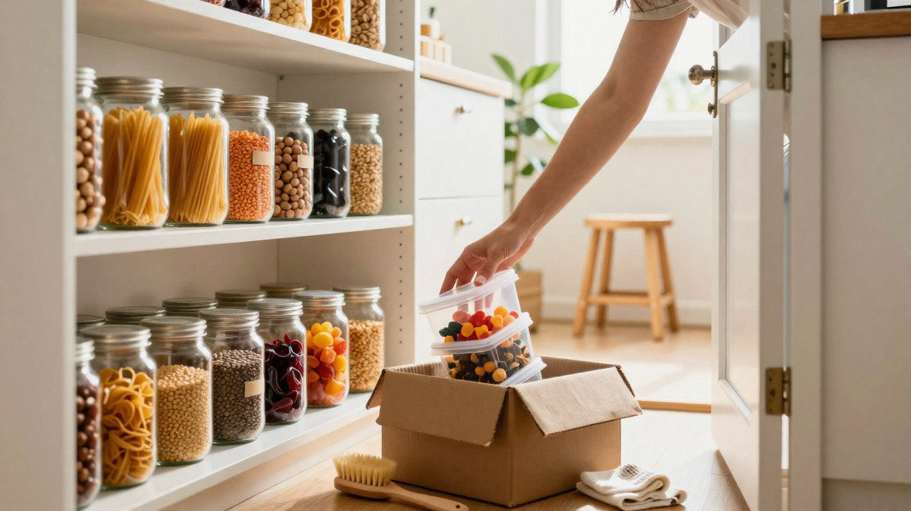 Person organising pantry jars with pasta and dried goods, placing plastic containers into a cardboard box.