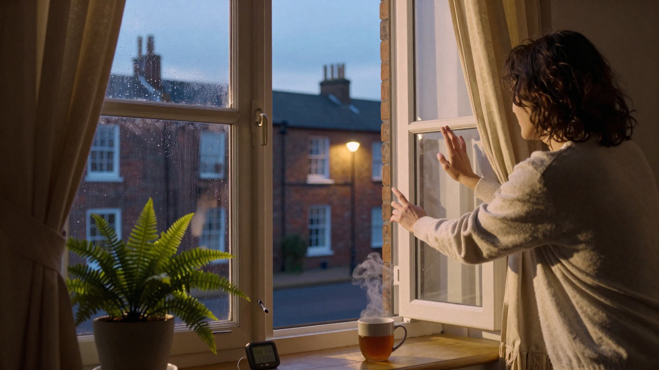Person opening a window at dusk with a steaming cup, potted plant, and brick houses visible outside.