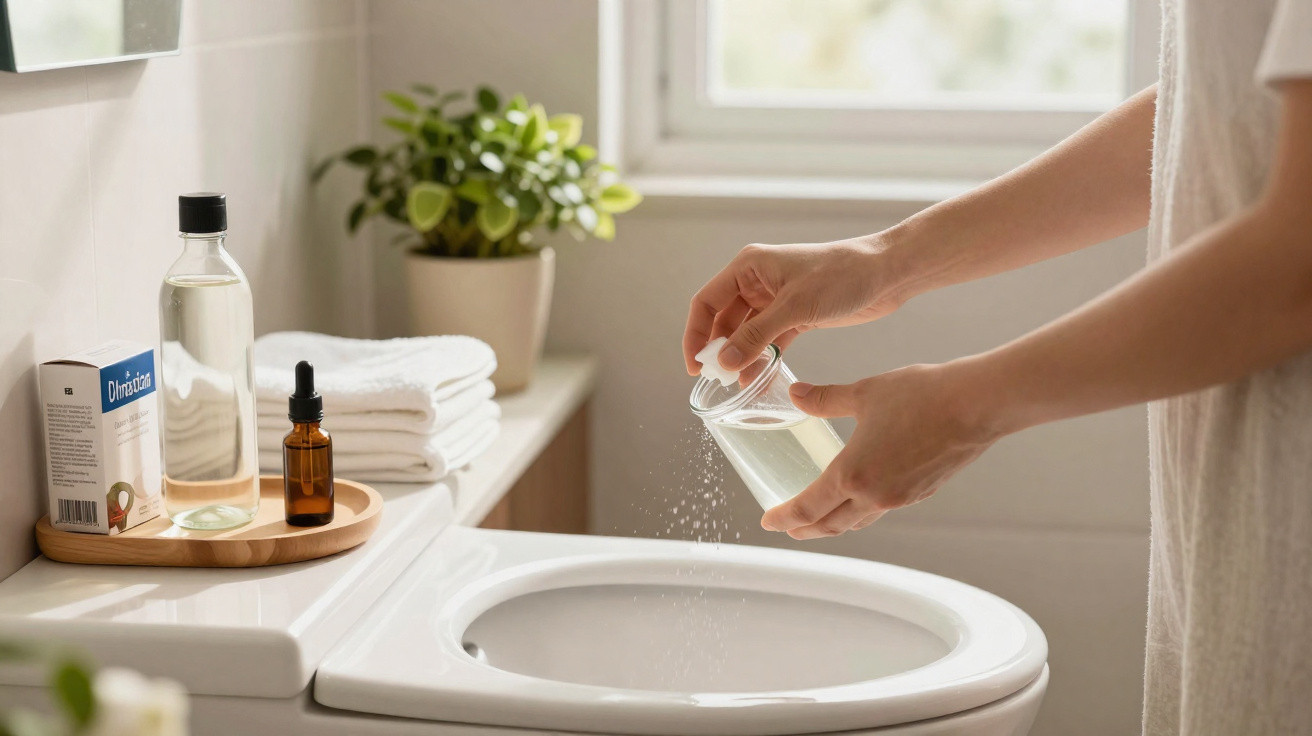Person sprinkling cleaning powder into a toilet in a bright bathroom with plants and toiletries nearby.