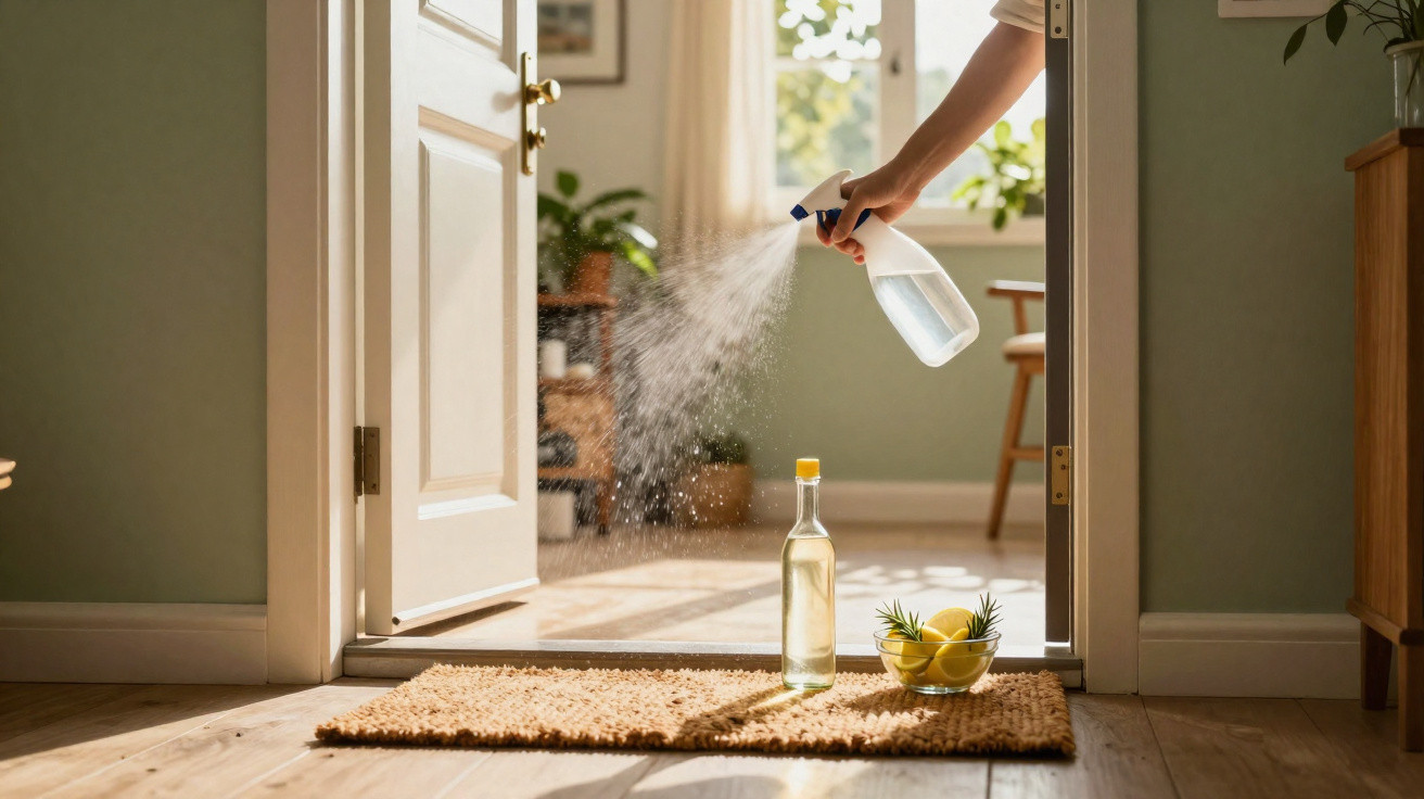 Hand spraying cleaning solution on a doormat with a bottle and bowl of lemons nearby by an open doorway.