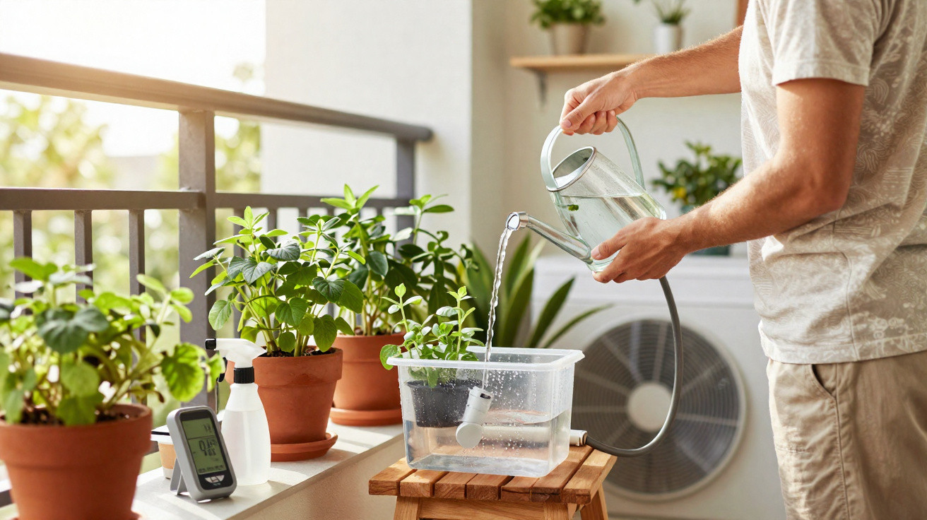 Person watering potted plants on a balcony with a clear watering can and a plastic container on a wooden stool.