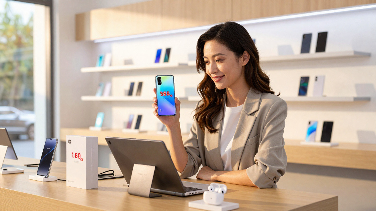 Woman in beige blazer holding a smartphone inside a modern tech store with laptops and accessories on display.
