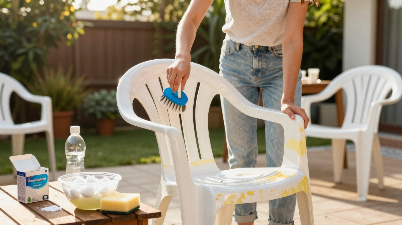 Person scrubbing a white plastic chair outside on a sunny patio with cleaning supplies nearby.